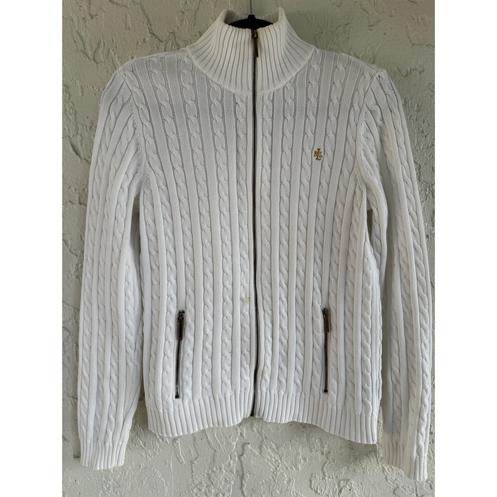 Ralph Lauren White Cable Knit Full Zip Cardigan Mock Neck Logo Sweater Medium